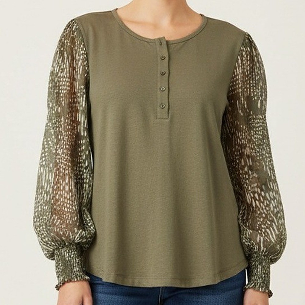 Mystree NWT Henley Top Womens S Olive Green Sheer Print Balloon Sleeve